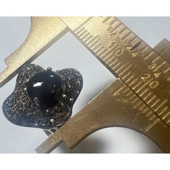 Vtg Black Onyx Marcasite Statement Ring 925 Thailand Silver Size 6.75 Wavy .75" - Picture 13 of 13